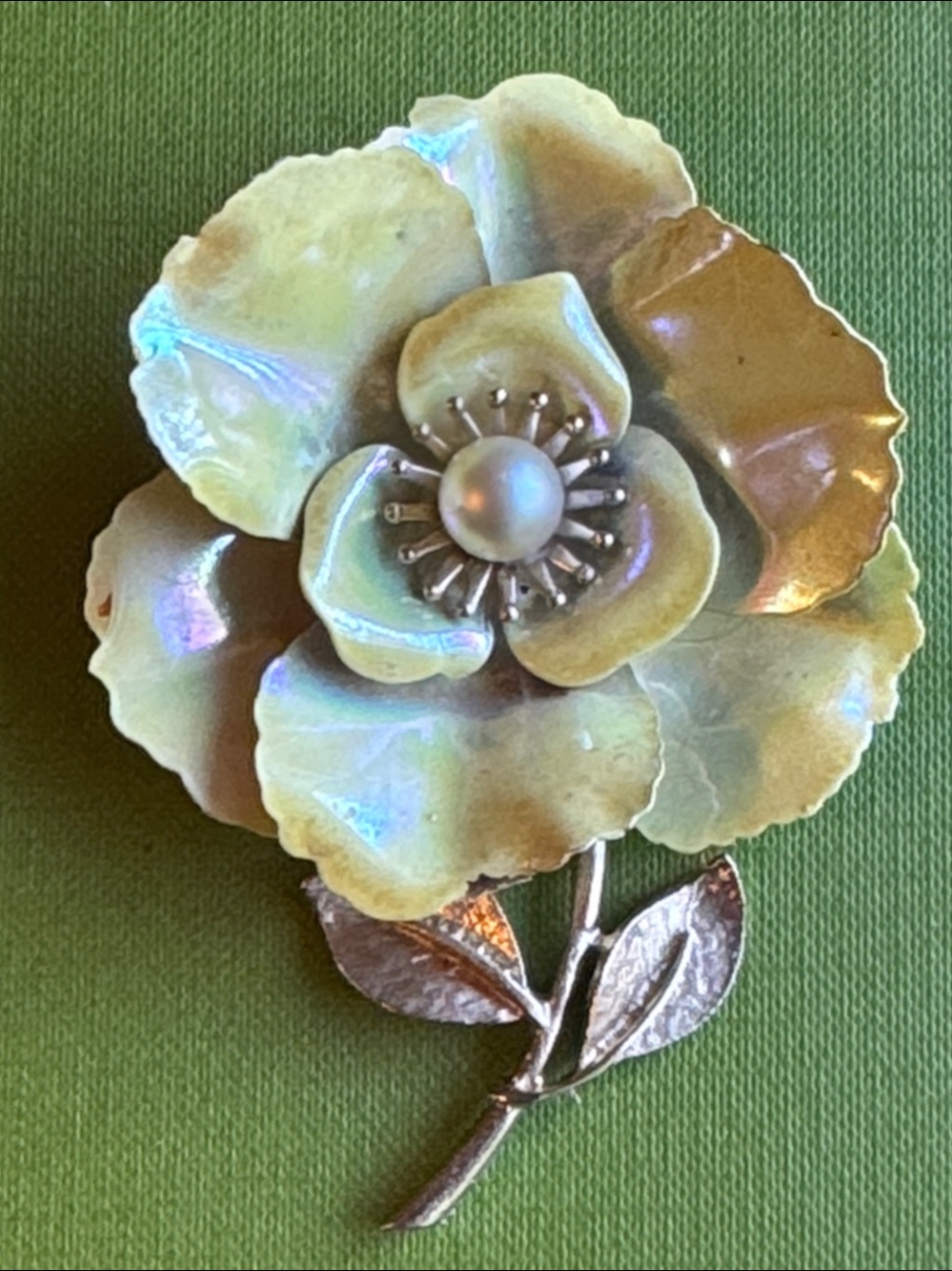 Vintage Signed Coro Yellow Enamel Flower Brooch Pin Faux Pearl AB Finish MCM